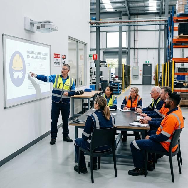An instructor leading a PPE and hazard awareness session in a warehouse training room