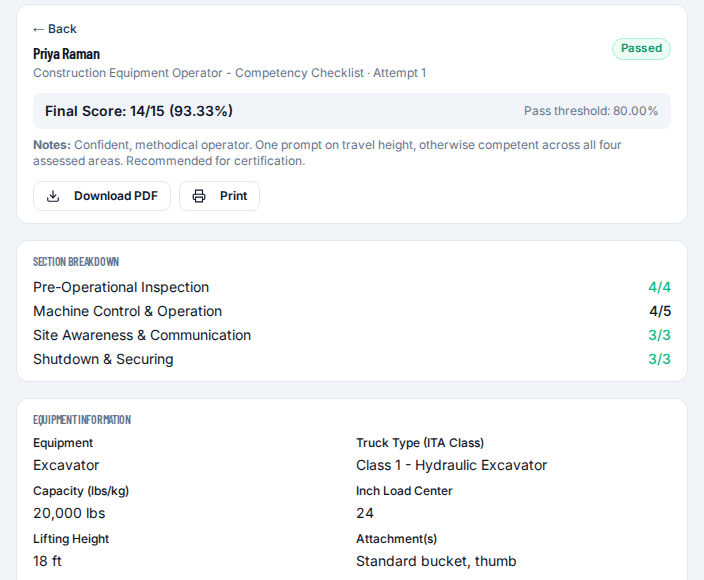 OpalLMS practical evaluation result showing a passed competency checklist, section scores and equipment details